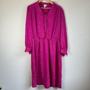 Vintage Floral Jacquard Dress Womens Size 18 Pink Excellent Vintage 80s Midi